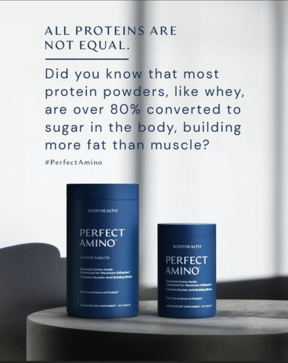 Image of Perfect Amino products highlighting the difference in protein quality and benefits of Amino Essentials.