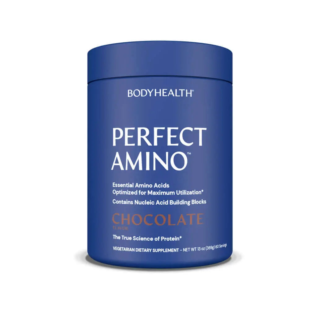 Perfect Amino Powder container with chocolate flavor, essential amino acids for muscle building.