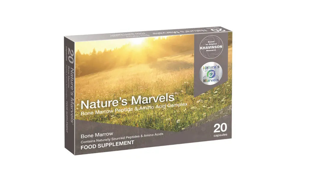 Nature's Marvels Bone Marrow Bioregulator, dietary supplement in a box, supports nutritional balance.