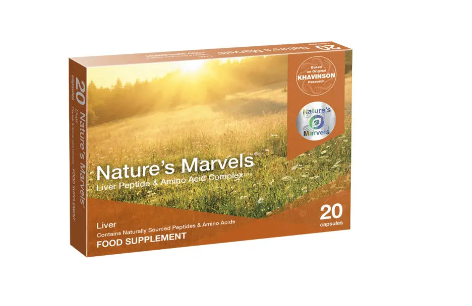 Nature's Marvels Liver Bioregulator dietary supplement box with 20 capsules, promoting liver health and wellness.