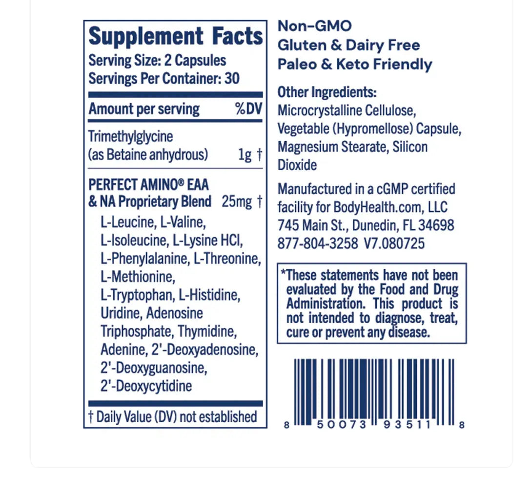 TMG Supplement by Bodyhealth USA supplement facts label including trimethylglycine and PerfectAmino EAA.