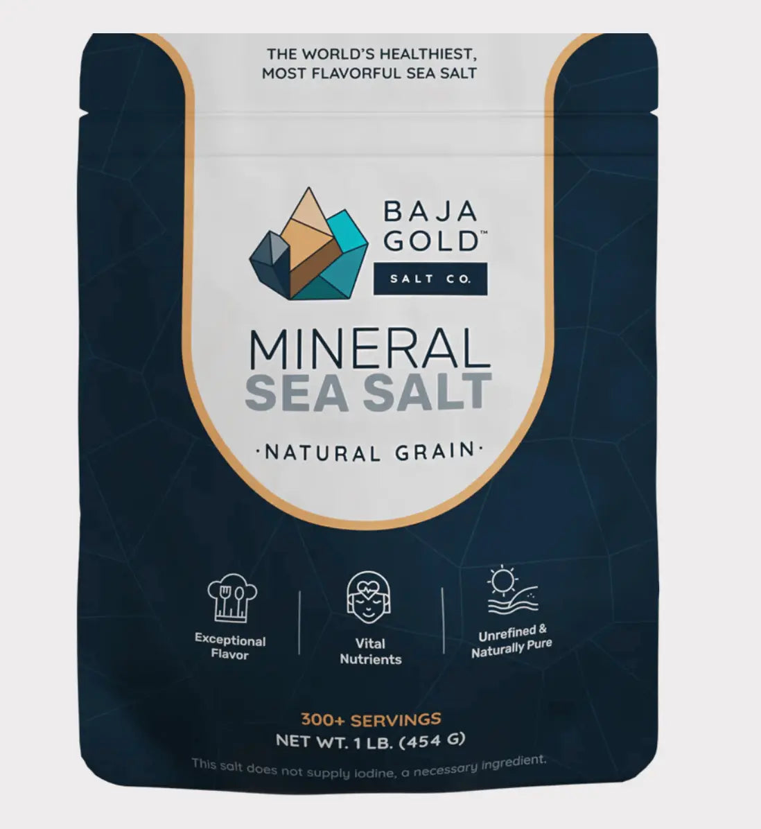 Baja Gold Mineral Sea Salt – Natural Grain (1lb / 454g) packaging showcasing exceptional flavor and vital nutrients.
