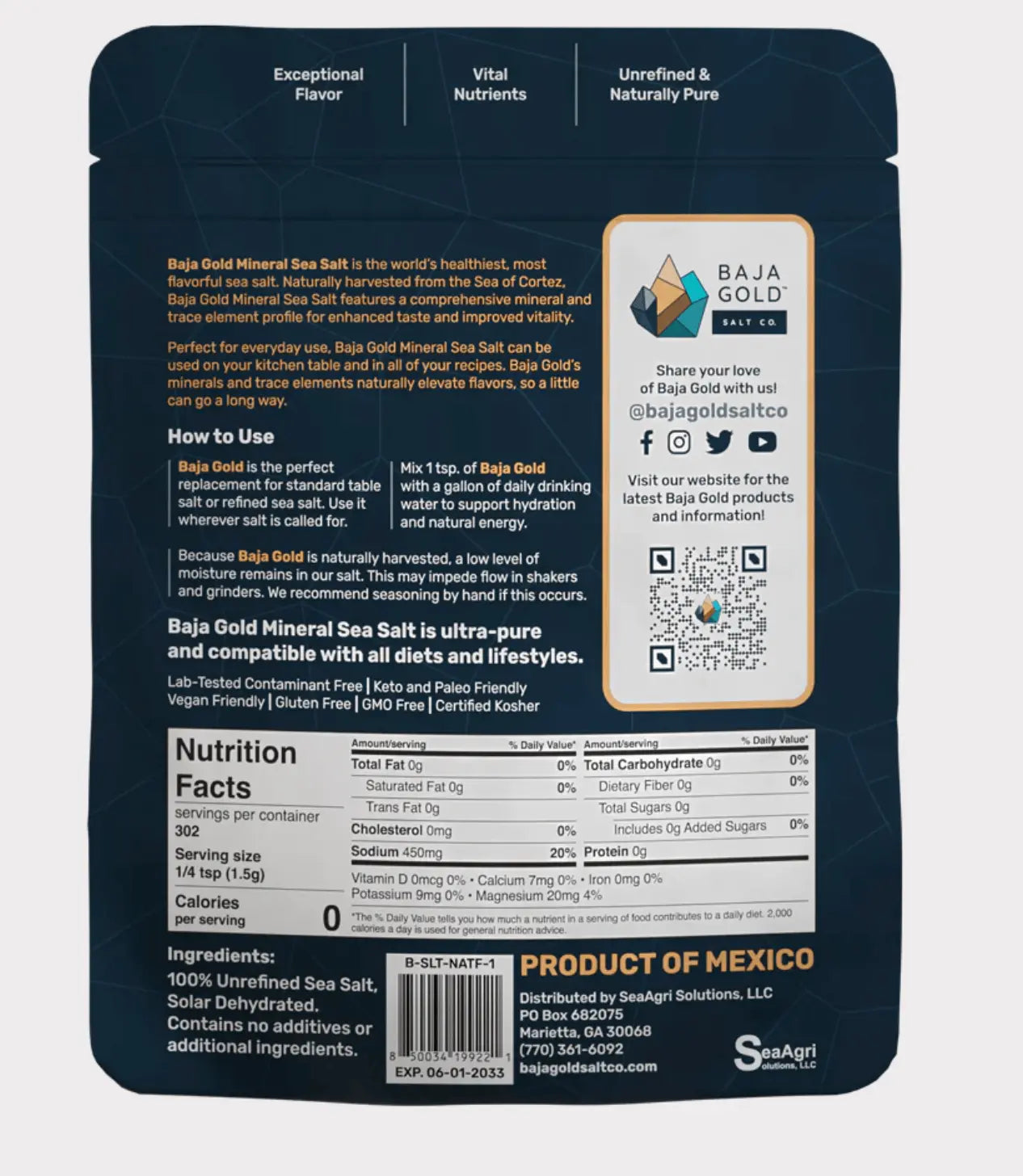 Baja Gold Mineral Sea Salt – Natural Grain (1lb / 454g) nutrition facts and usage instructions.