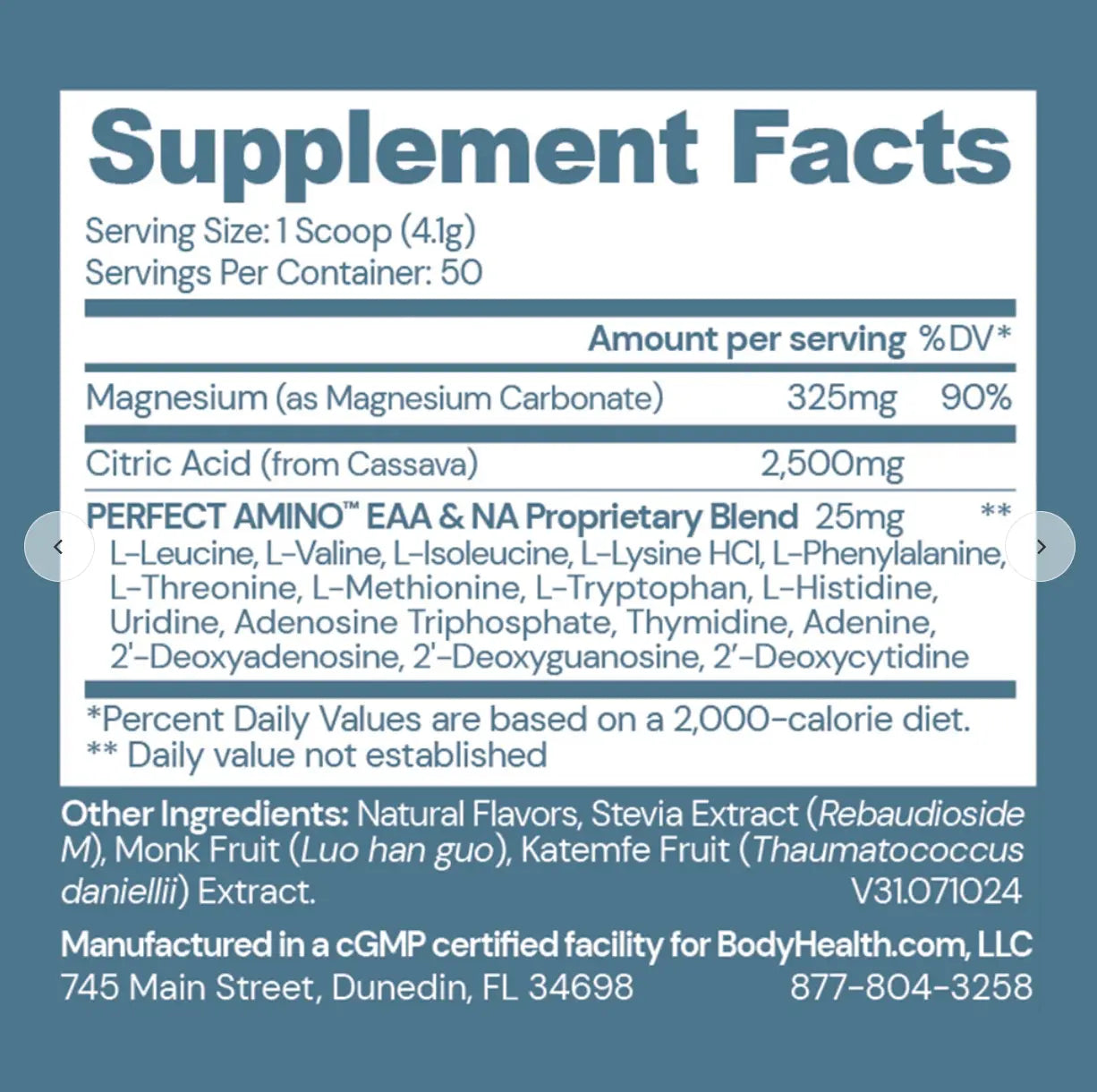 Supplement facts for Body Calm magnesium drink highlighting ingredients and nutritional information.