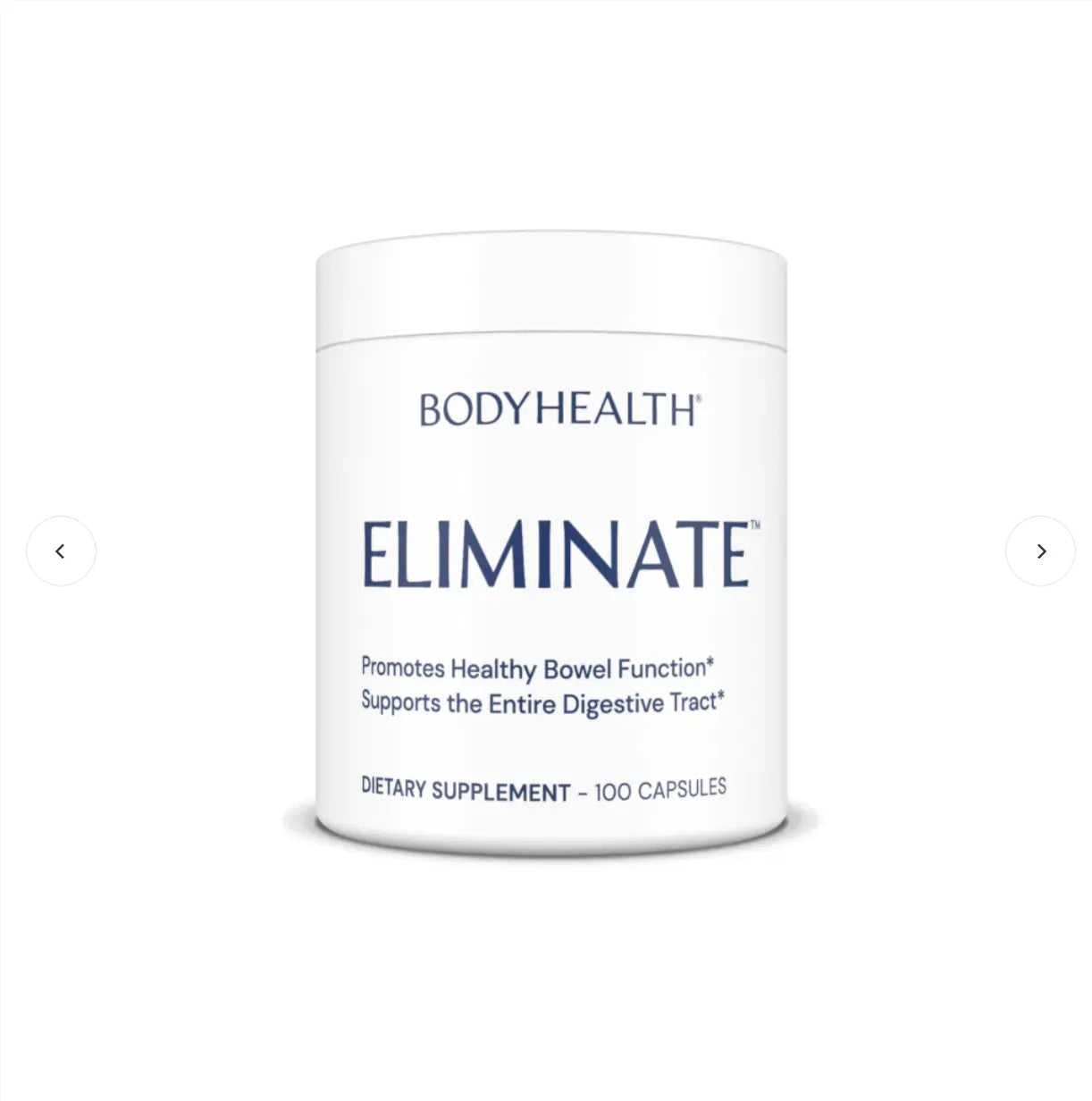 Eliminate Supplement by Bodyhealth dietary supplement for healthy bowel function with 100 capsules.