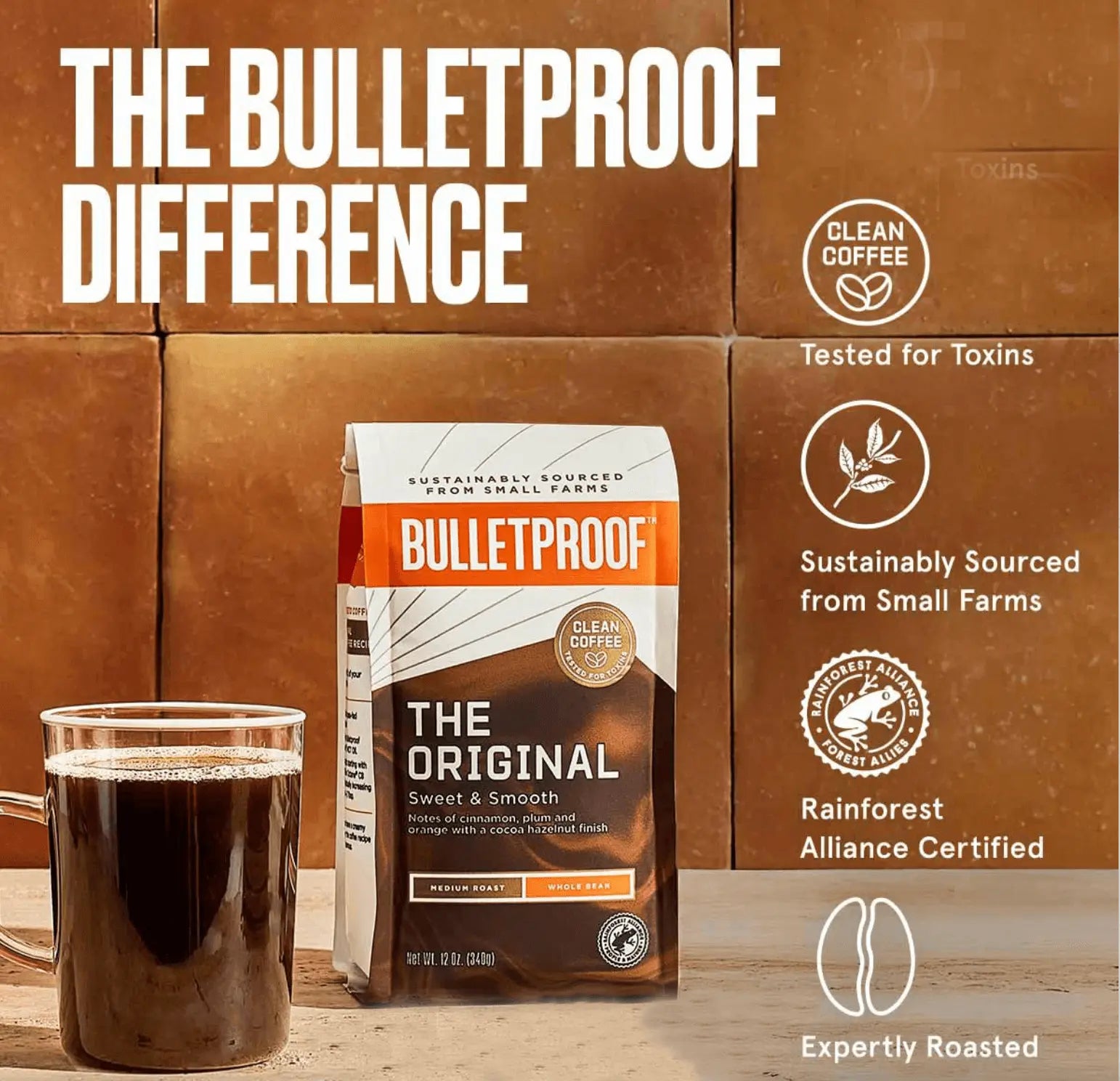 Whole Bean Coffee The Original, Medium Roast packaging with clean coffee benefits and brewed coffee in glass.