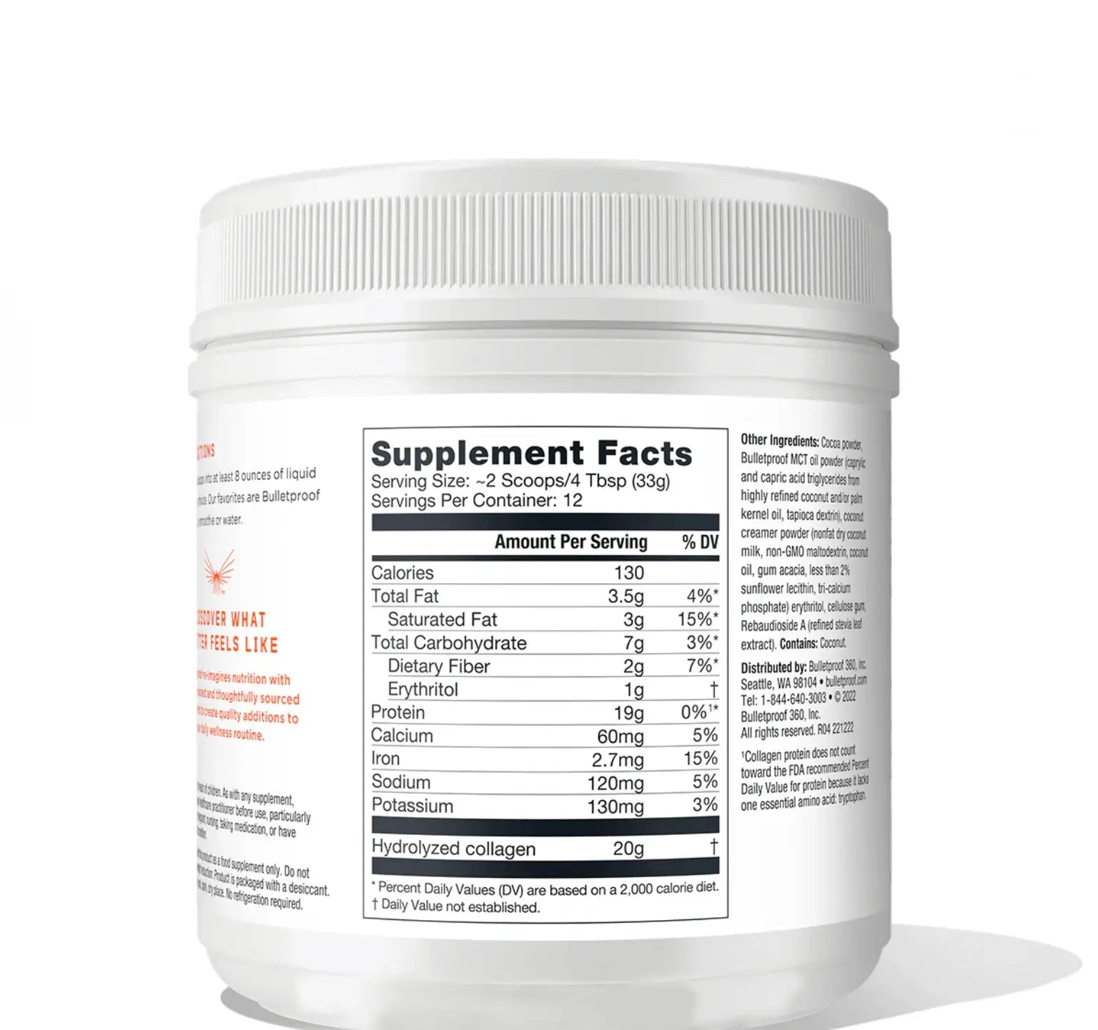 Collagen Peptides - Chocolate supplement facts label showing nutritional information and serving size.