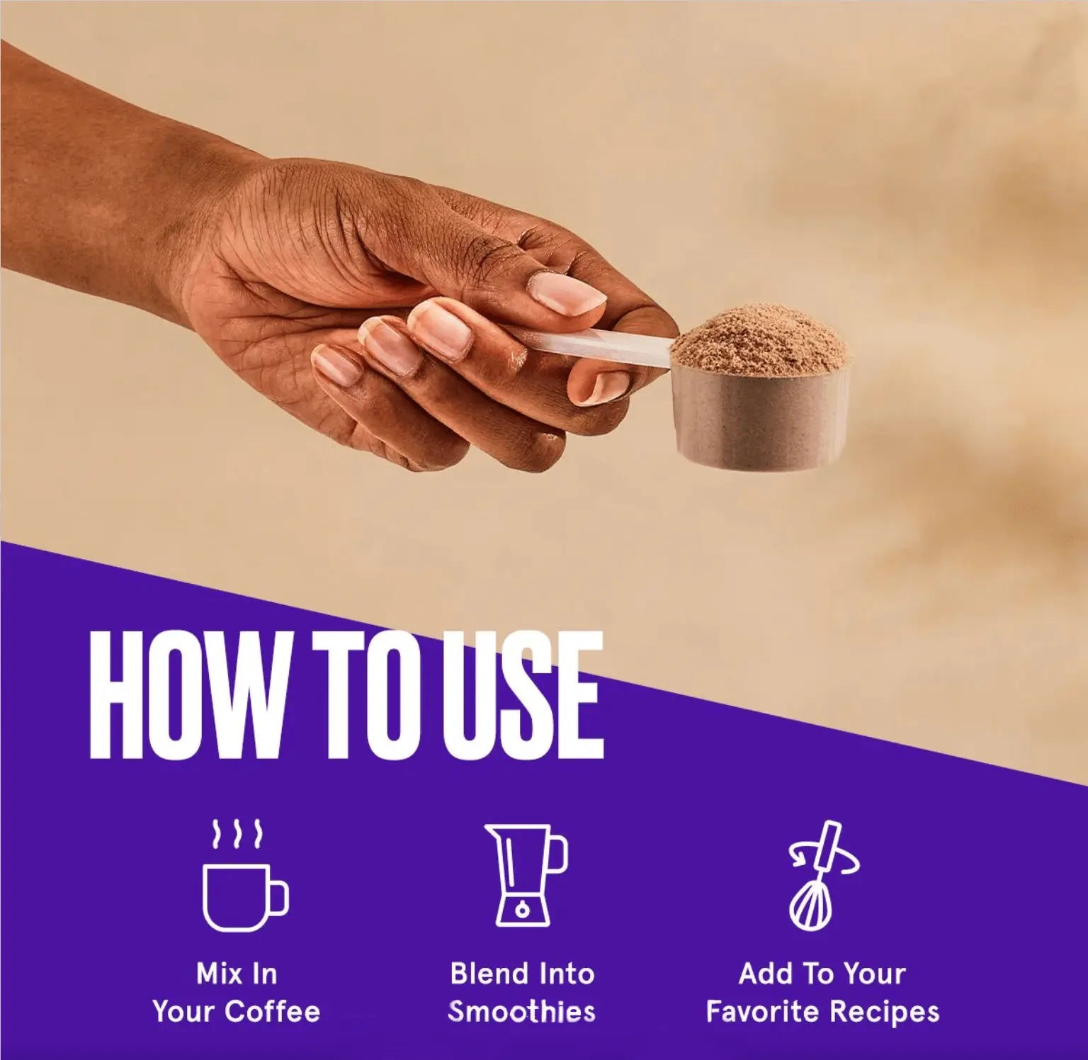 Collagen Peptides - Chocolate powder in a hand showing how to use in coffee, smoothies, and recipes.