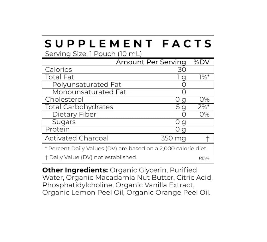 Supplement facts for Activated Charcoal - Cymbiotika including servings and nutritional information.