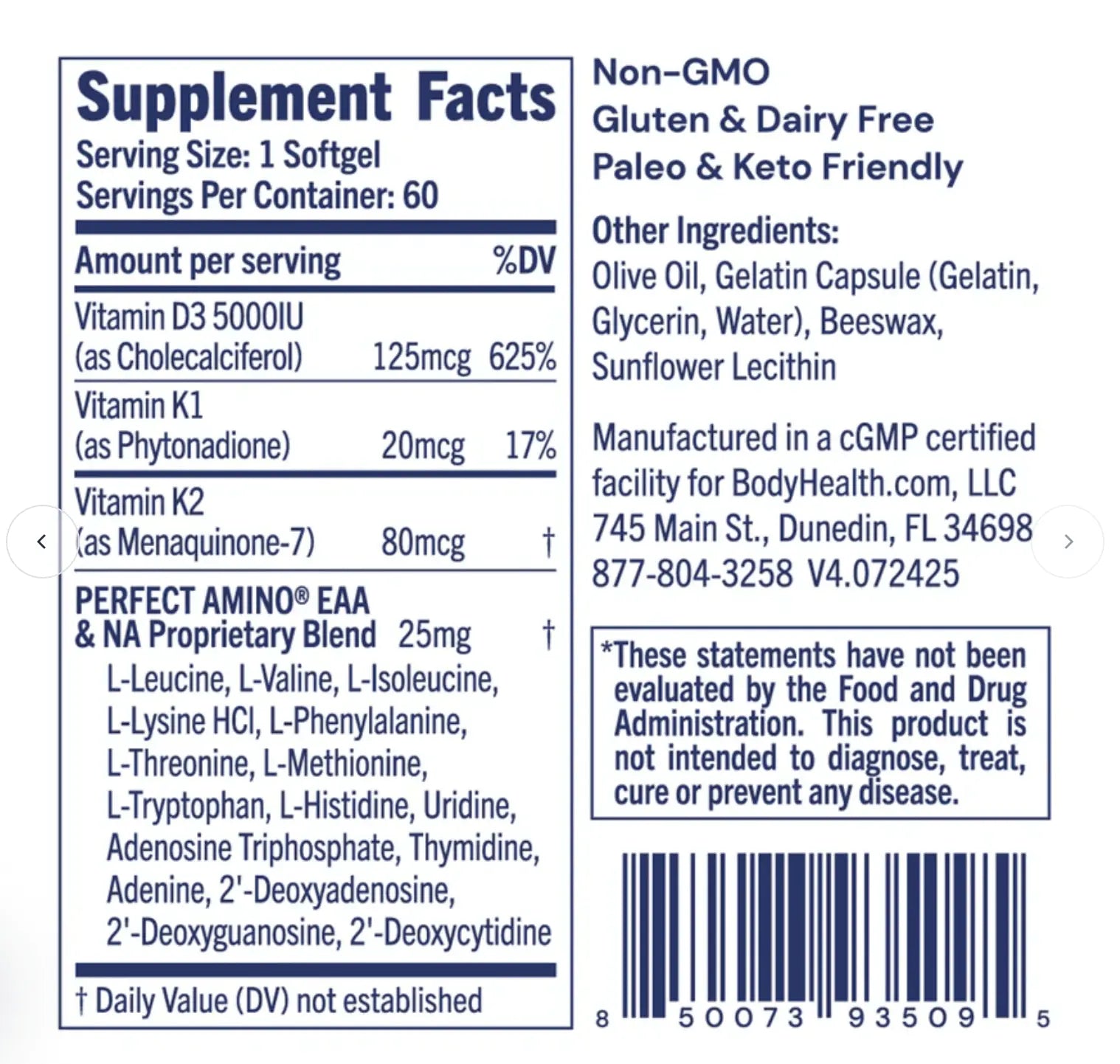 D3 + MK7 supplement facts label including Vitamin D3, K1, and MK7 with PerfectAmino blend details.
