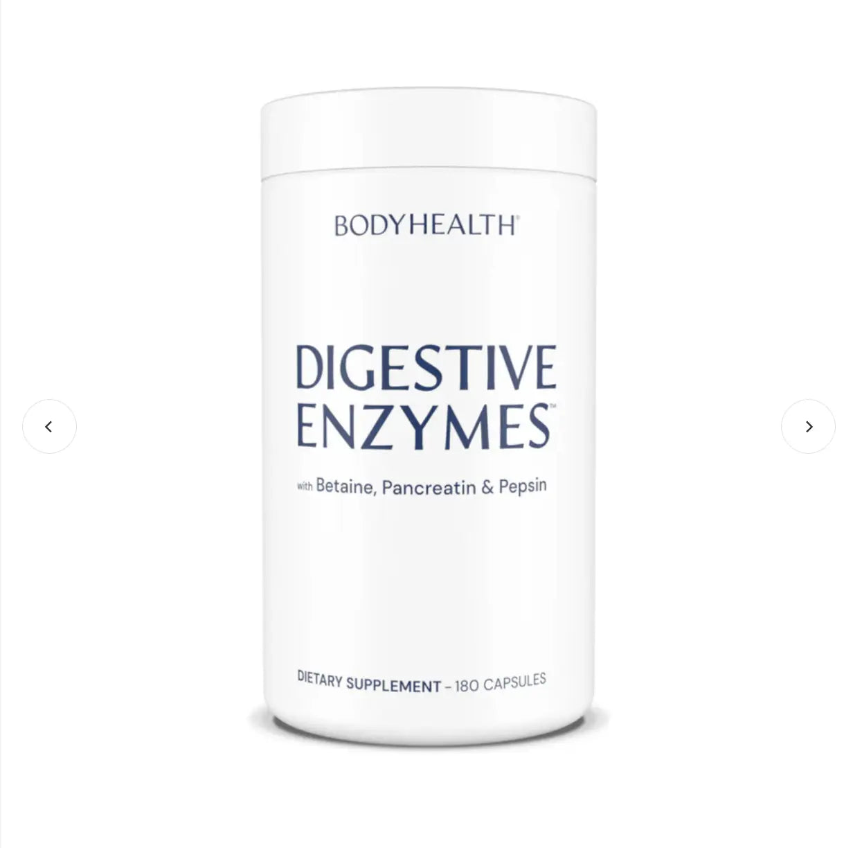 Digestive Enzymes dietary supplement bottle with 180 capsules for improved digestion and stomach health.