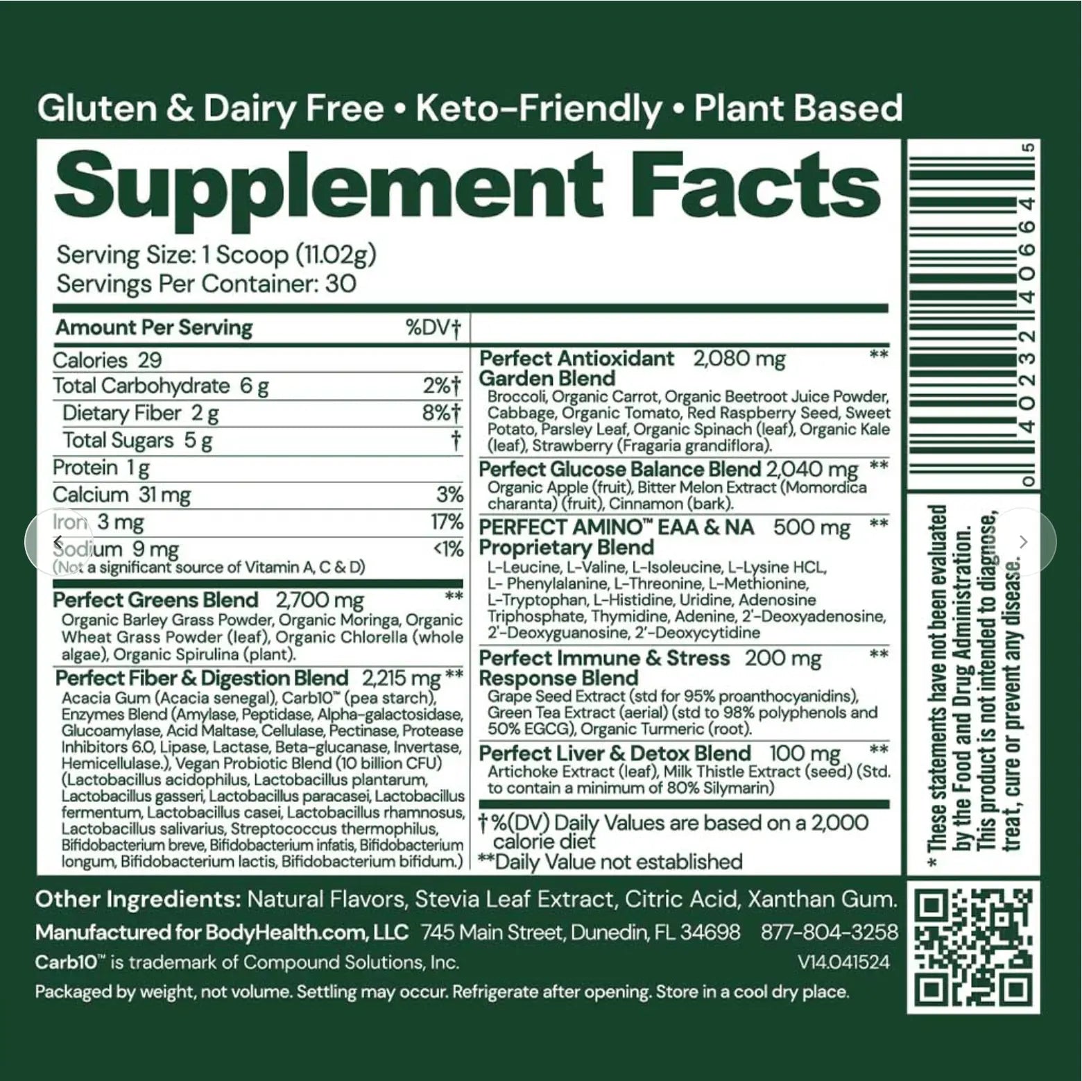 Supplement facts label for Greens - 40 srv, a high-quality green drink with superfood extracts.