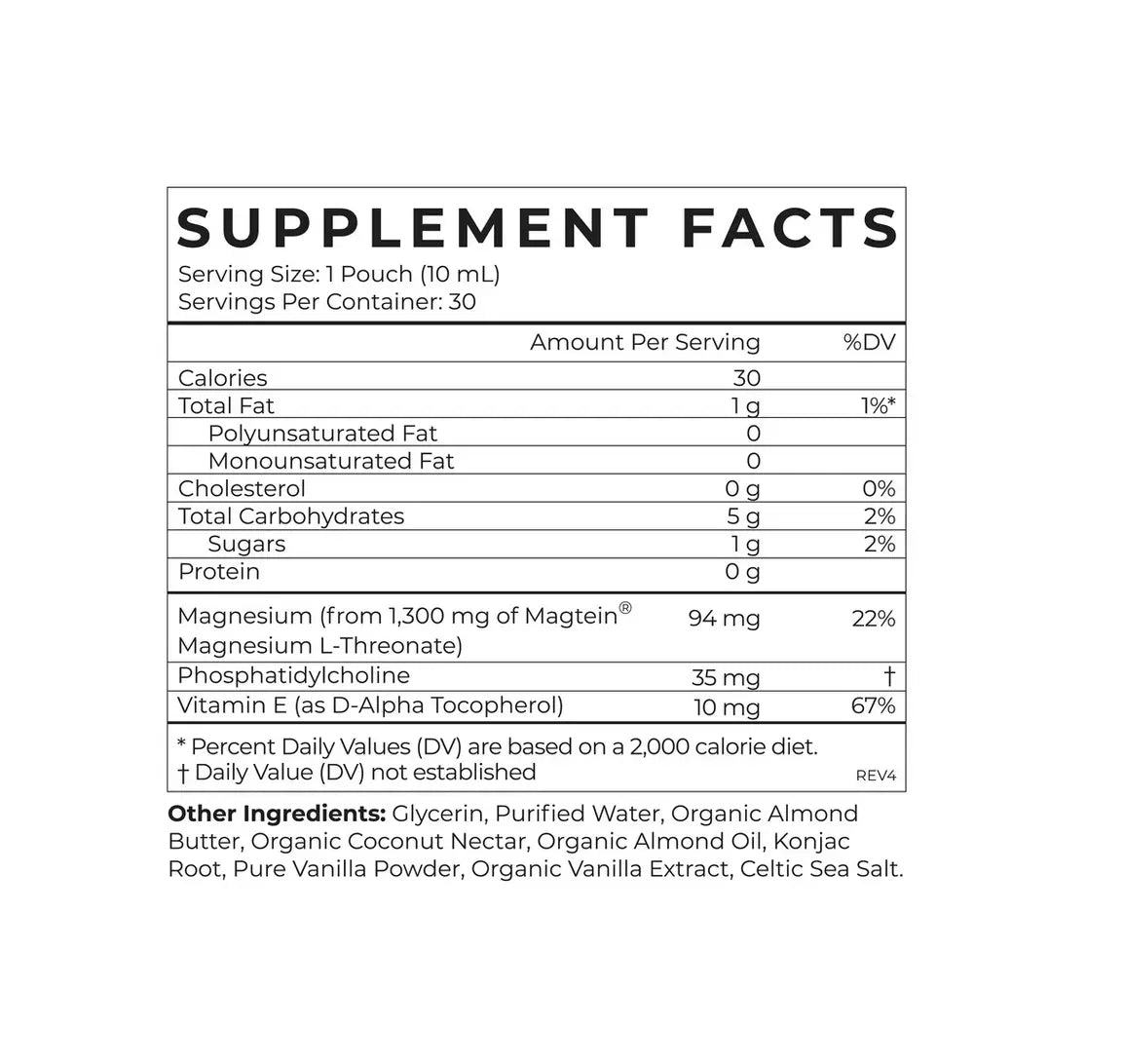 Supplement facts for Liposomal Magnesium L-Threonate including nutrients and servings information.