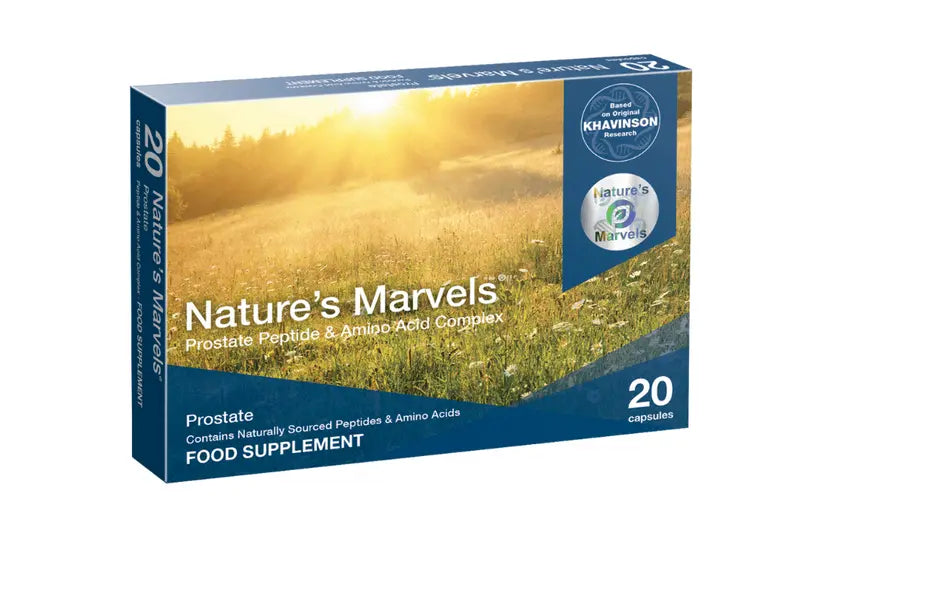 Nature’s Marvels Prostate Bioregulator supplement box with 20 capsules, designed for prostate health and wellness.