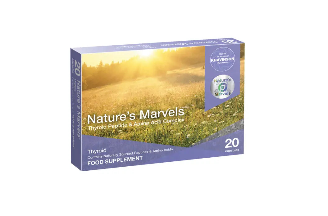 Thyroid Bioregulator Nature's Marvels Thyroid Peptide and Amino Acid Complex food supplement box with 20 vegetable capsules.