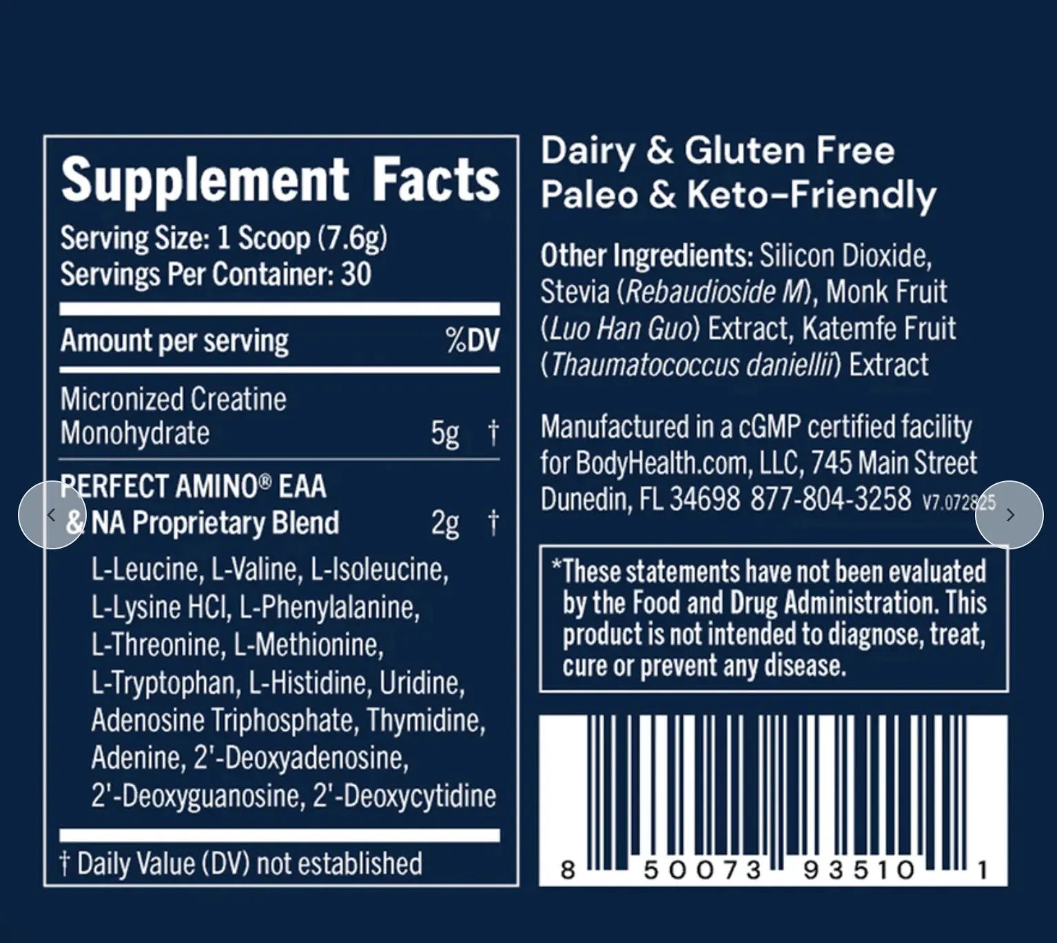 Supplement facts for Perfect Amino Creatine showing micronized creatine monohydrate and amino acid blend.