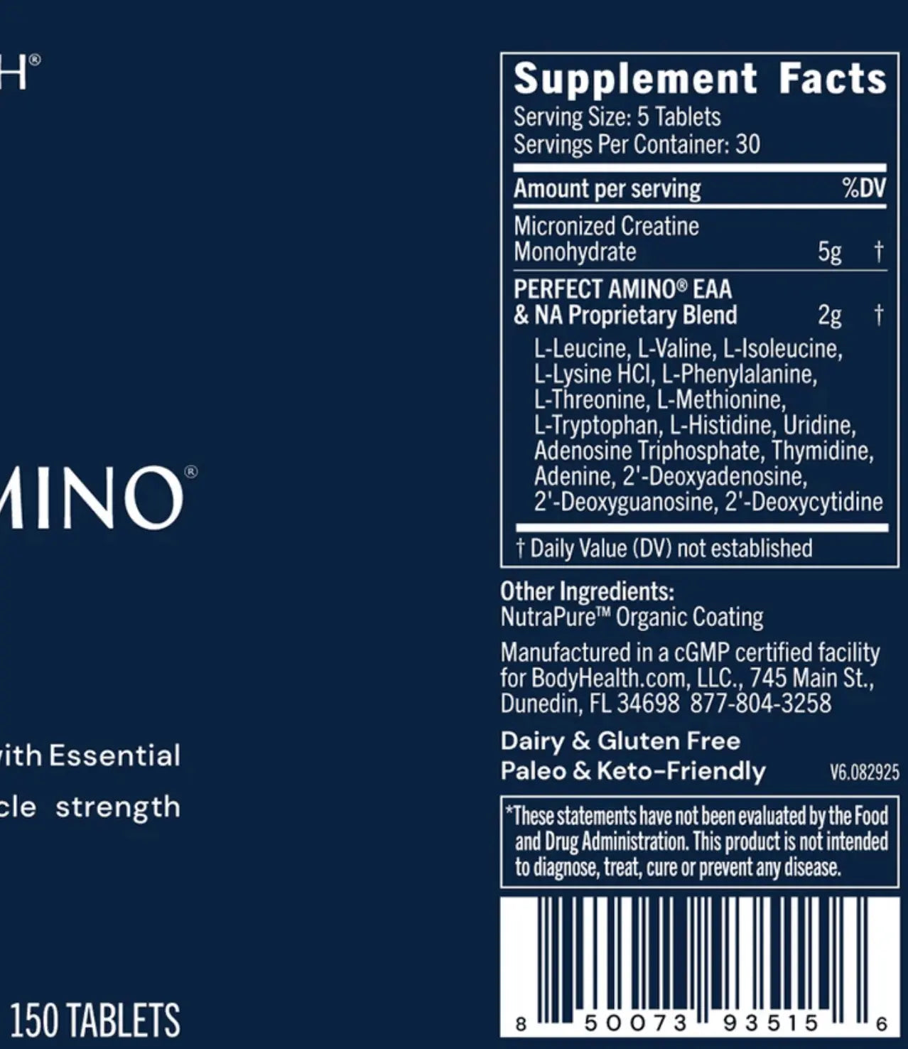 Supplement facts for Perfect Amino Creatine with micronized creatine monohydrate details.