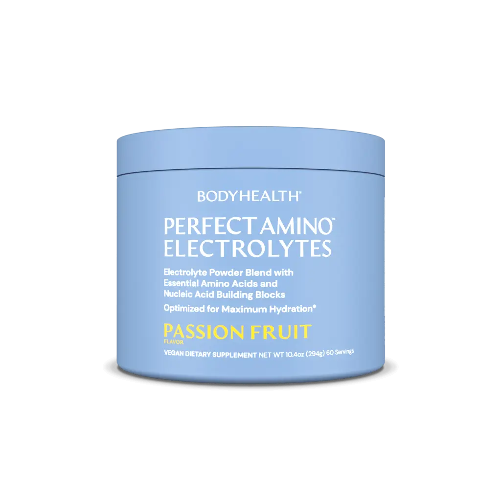 PerfectAmino Electrolytes Passion Fruit flavor container for maximum hydration and recovery.