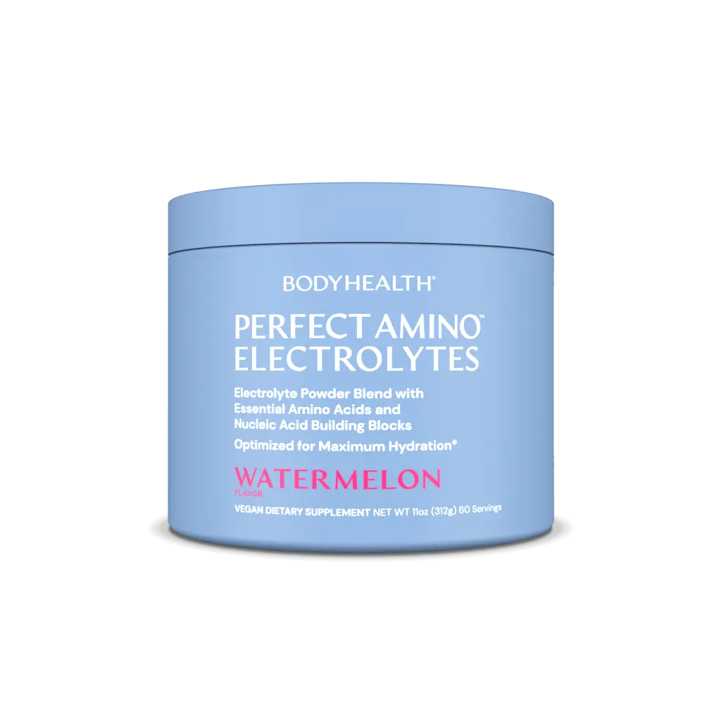 PerfectAmino Electrolytes watermelon flavor in a blue container for maximum hydration.
