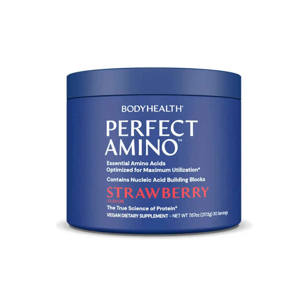 Perfect Amino Powder in strawberry flavor for essential amino acids and protein synthesis.
