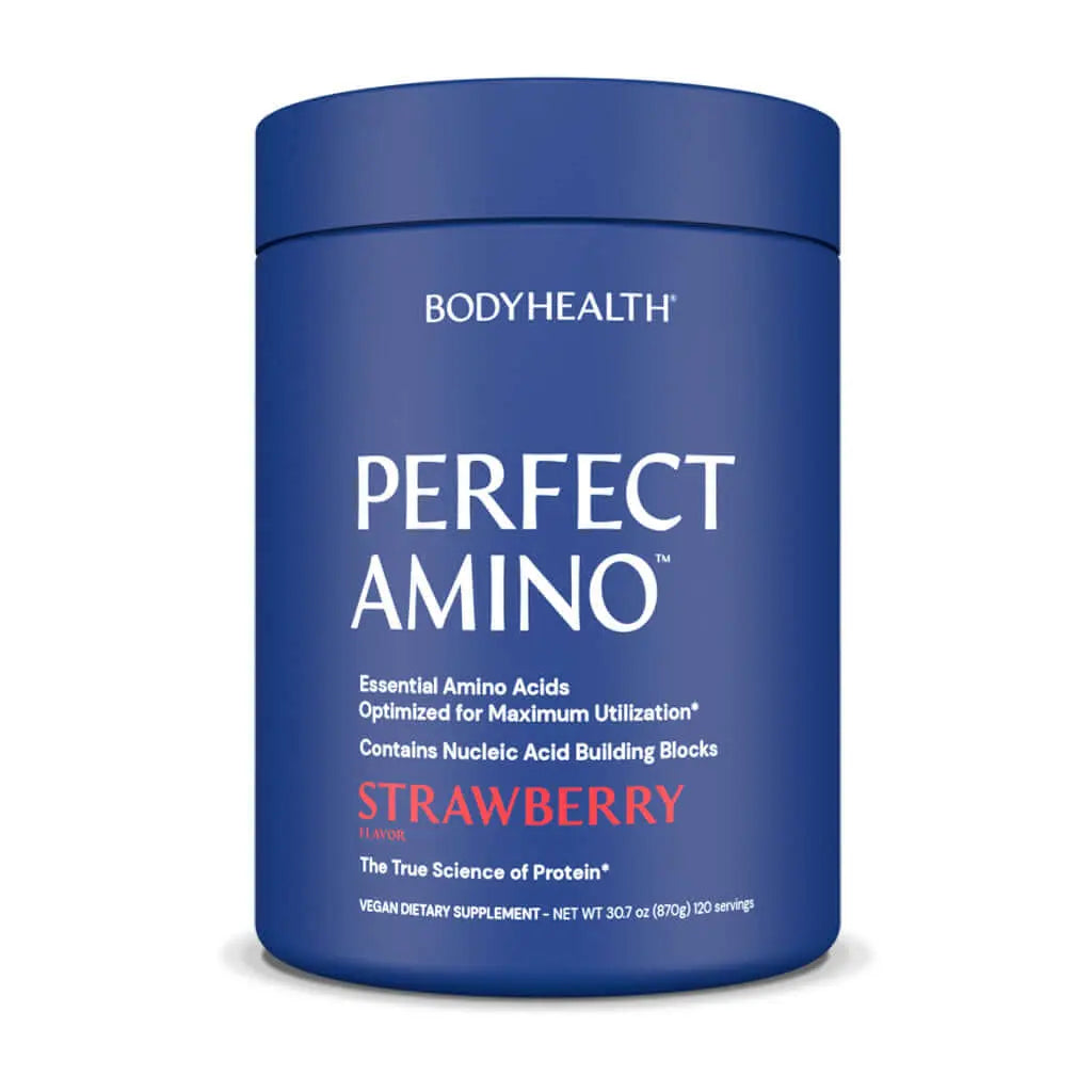 Perfect Amino Powder container in strawberry flavor, vegan dietary supplement for optimal amino acid utilization.