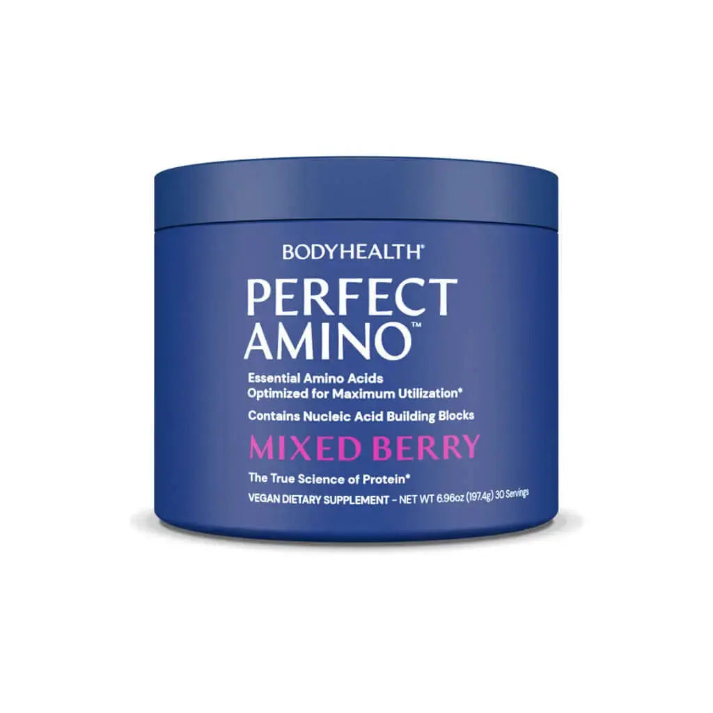 Perfect Amino Powder in a blue container with mixed berry flavor, essential amino acids for protein synthesis.