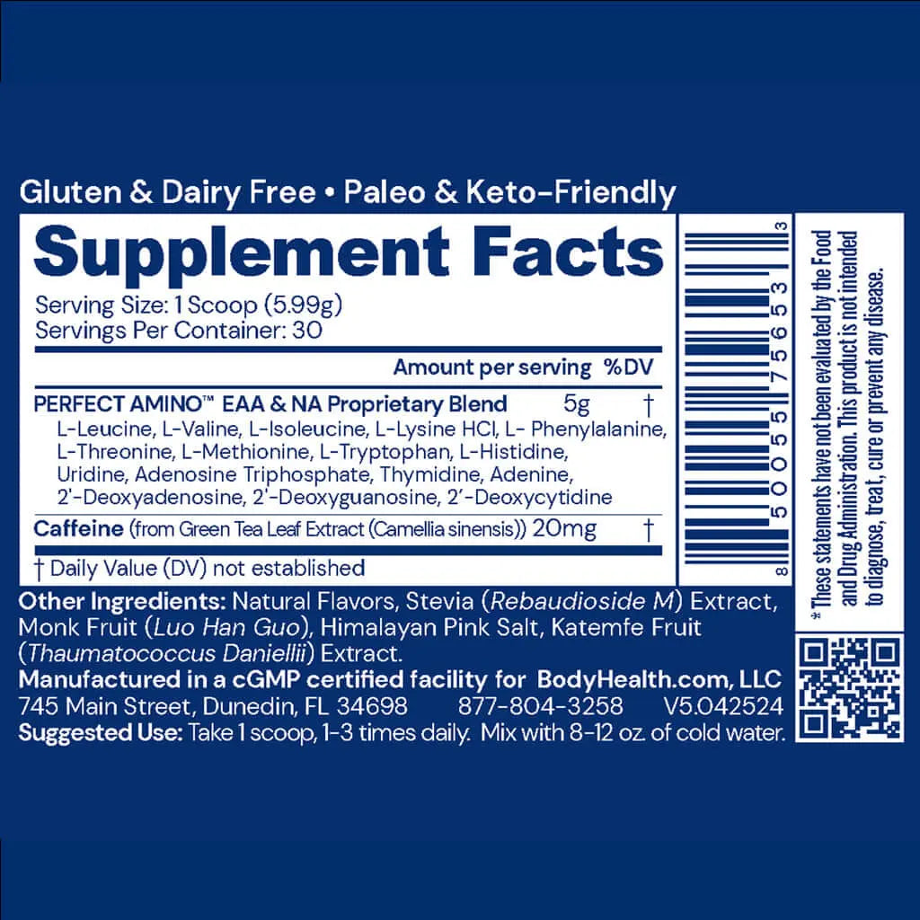 Supplement Facts for Perfect Amino Powder, a gluten-free and keto-friendly amino acid supplement.