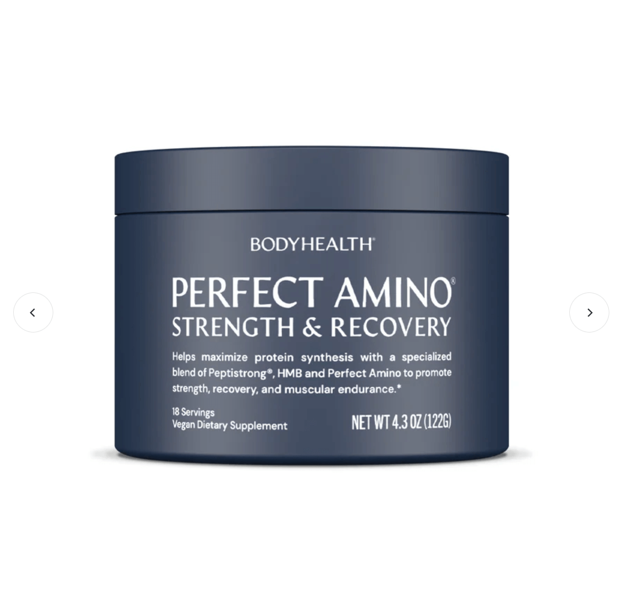 Perfect Amino Strength & Recovery product container with nutritional benefits for muscle health and recovery.