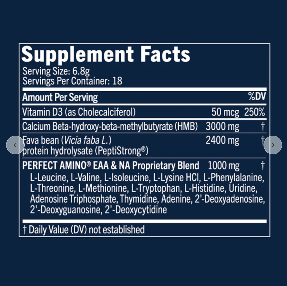 Supplement facts for Perfect Amino Strength & Recovery showcasing key ingredients and their quantities.