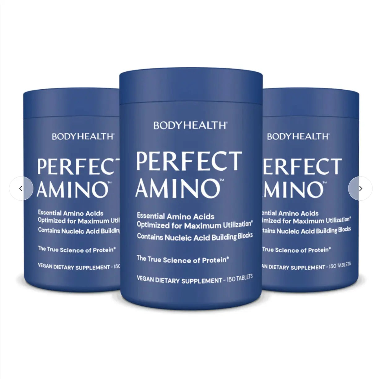 Perfect Amino Tablets - Coated jars showcasing essential amino acid supplements.