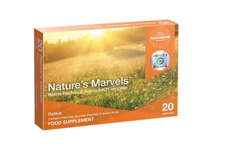 Retina Bioregulator dietary supplement by Nature's Marvels for nutritional balance, containing 20 capsules of peptides and amino acids.