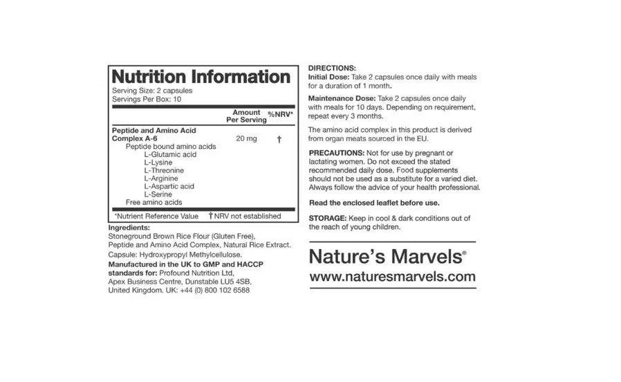 Thymus Bioregulator nutrition information label showing ingredients and serving details.