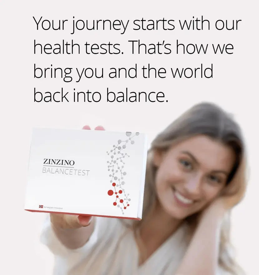 Balance Test - Zinzino health test kit held by a smiling woman promoting wellness and balance.