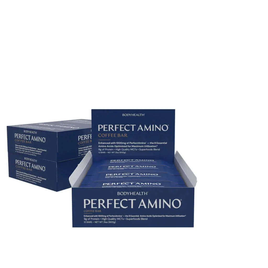 Perfect Amino Bar - 12 per box, protein snack bars displayed in a box, convenient and nutritious energy boost.