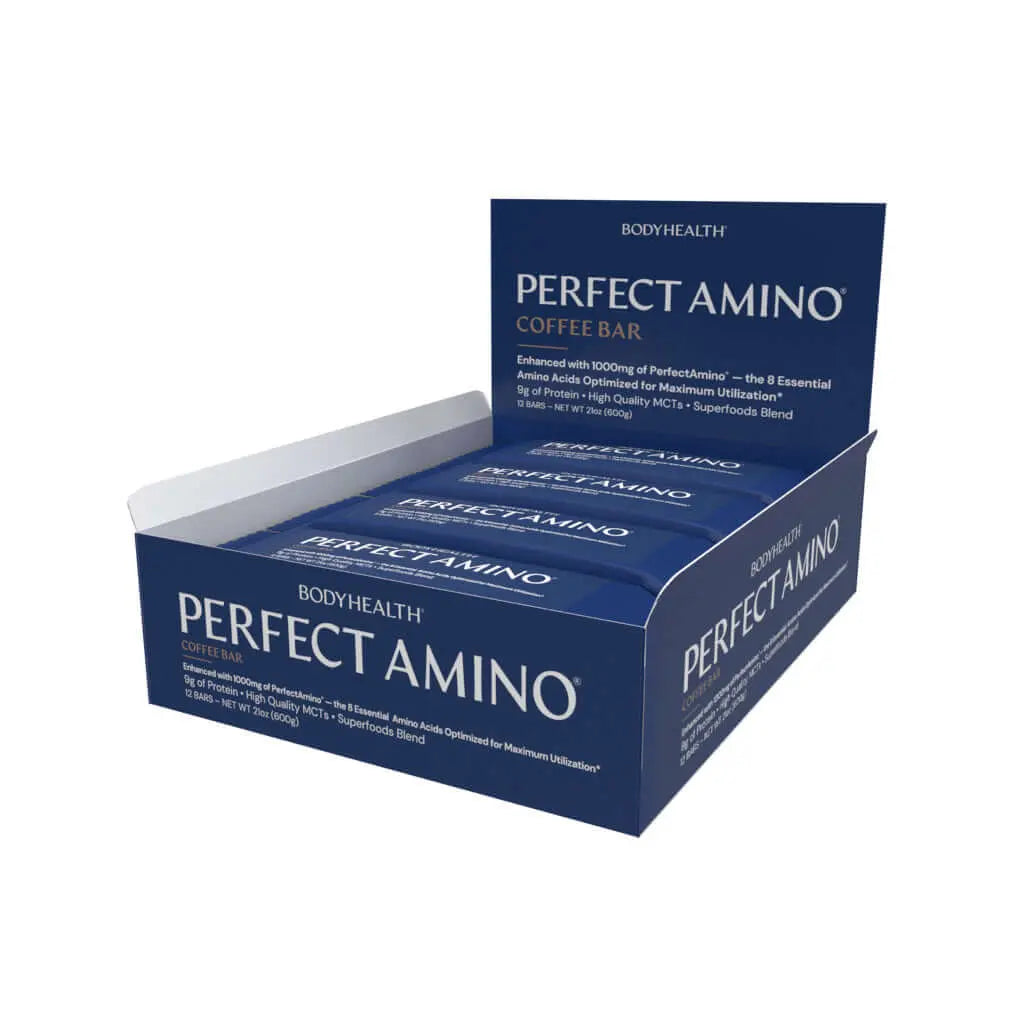 Perfect Amino Bar - 12 per box displayed in a blue box, highlighting a delicious protein snack option.