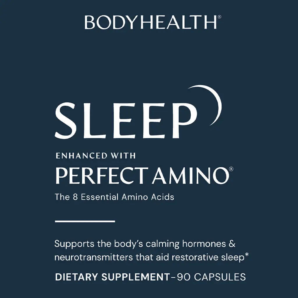 Sleep Enhanced With PerfectAmino by Bodyhealth USA supplement label promoting restful sleep and wellness.