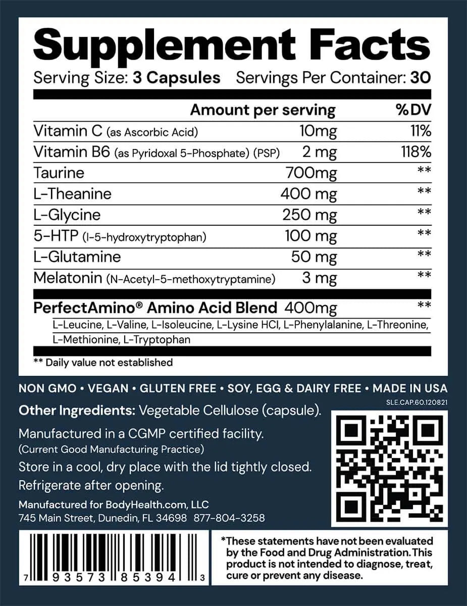 Supplement facts for Sleep Enhanced With PerfectAmino by Bodyhealth USA highlighting key ingredients.