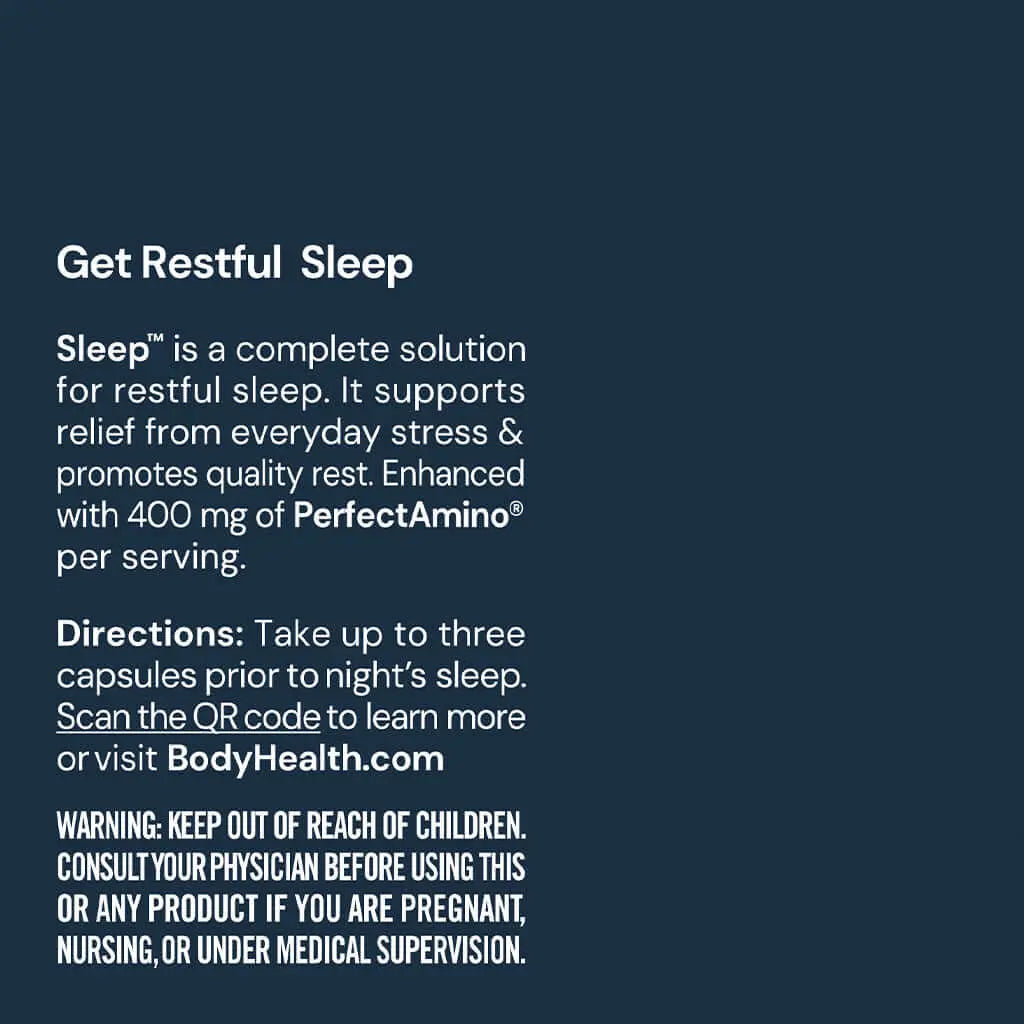 Sleep Enhanced With PerfectAmino by Bodyhealth USA product information for restful sleep solution.