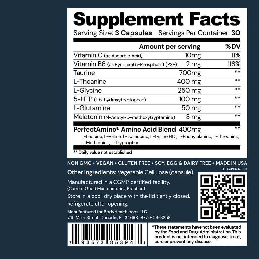 Supplement Facts for Sleep Enhanced With PerfectAmino by Bodyhealth USA, showing ingredients and dosage.