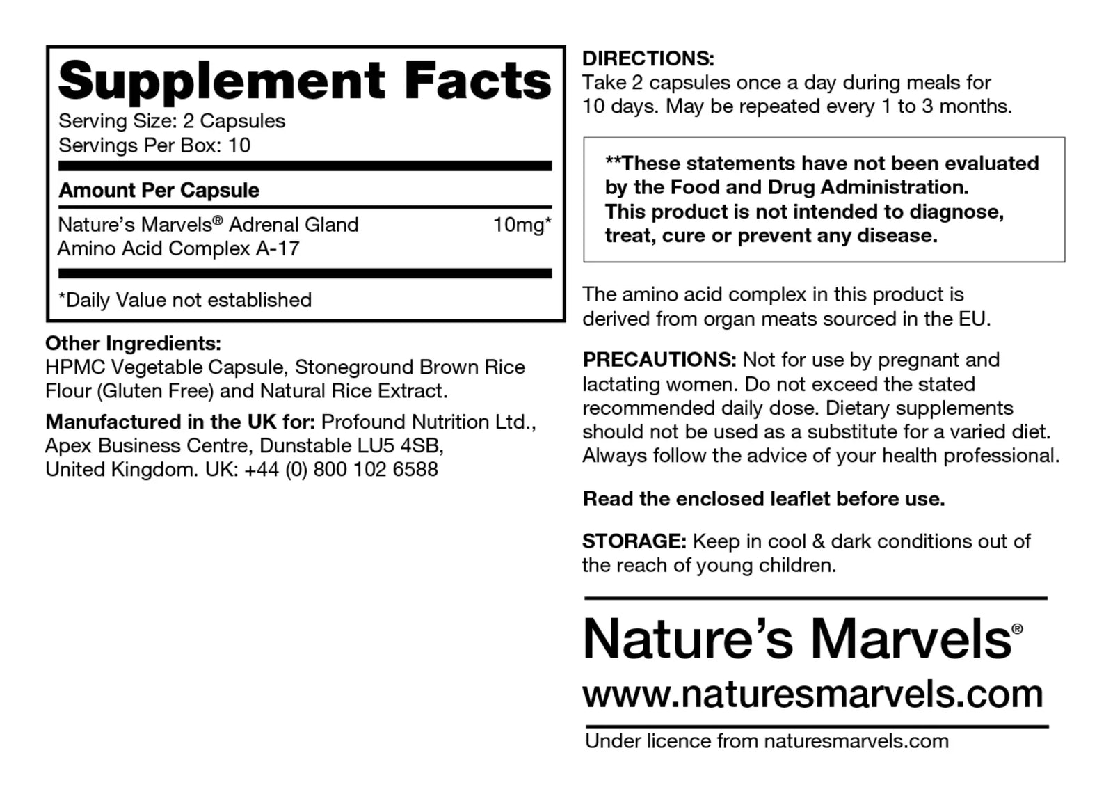 Adrenal Bioregulator supplement facts label with ingredients and usage directions for wellness support.
