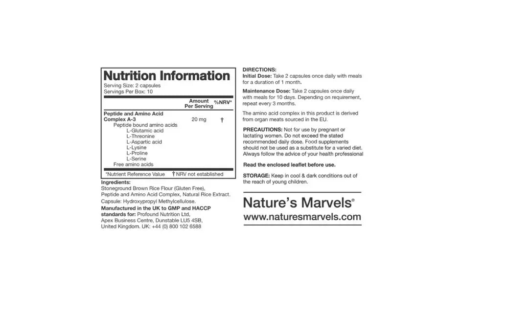 Blood Vessel Bioregulator nutrition information label with data on amino acids and dosage instructions.