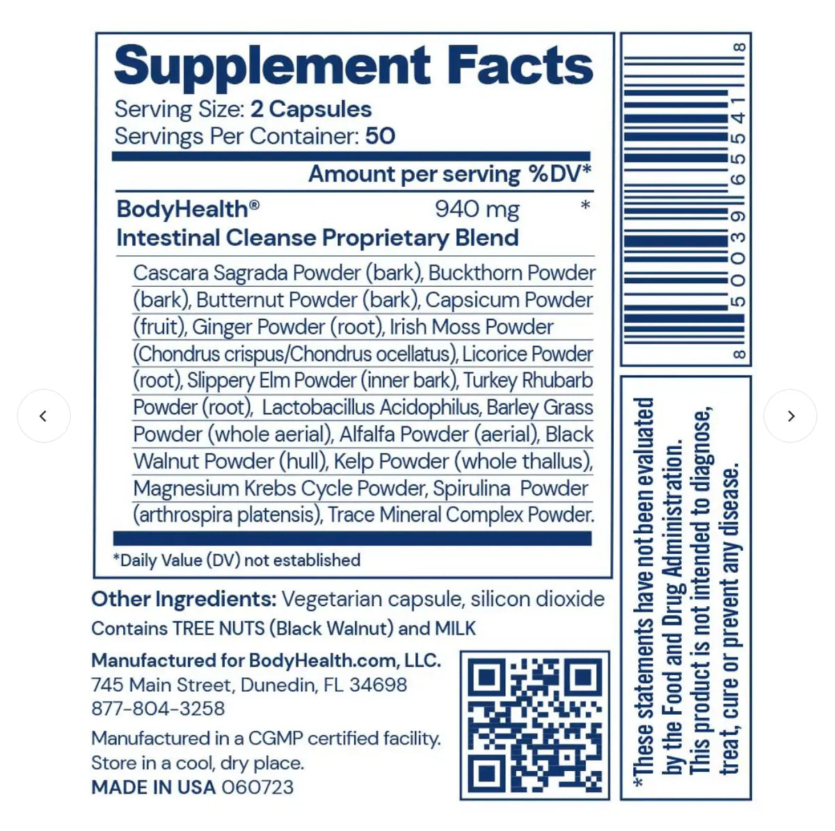 Supplement facts label for Eliminate Supplement by Bodyhealth, detailing ingredients and serving size.