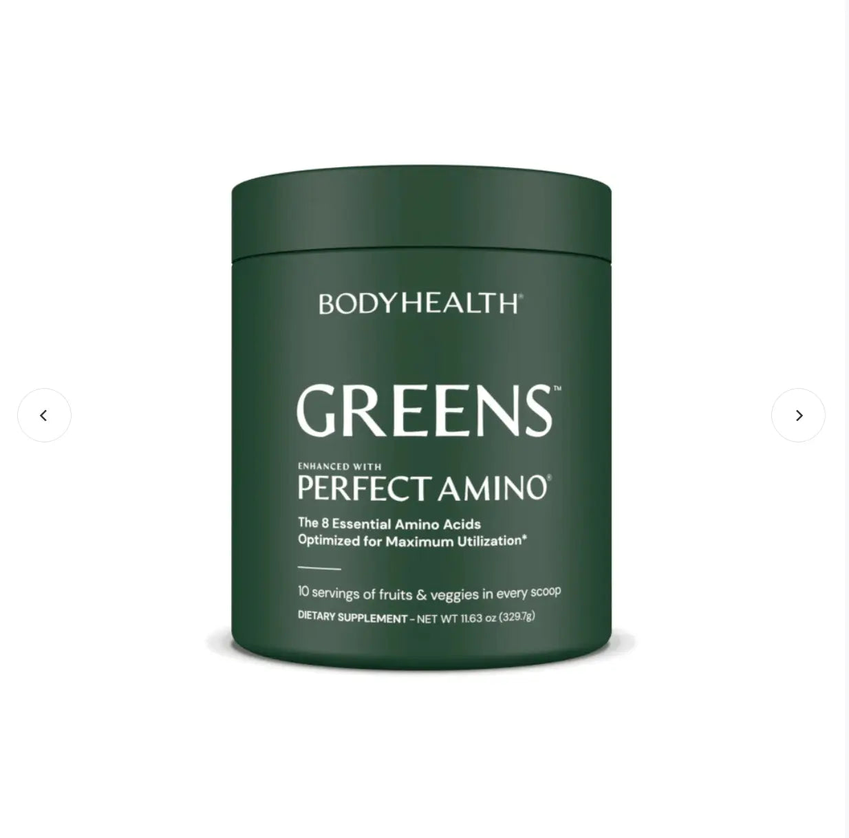 Greens - 40 srv, a nutrient-dense green drink in a green container, enhanced with Perfect Amino for maximum health benefits.