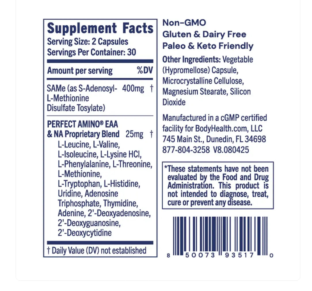 Supplement facts for SAMe supplement by Bodyhealth USA, highlighting ingredients and serving size.