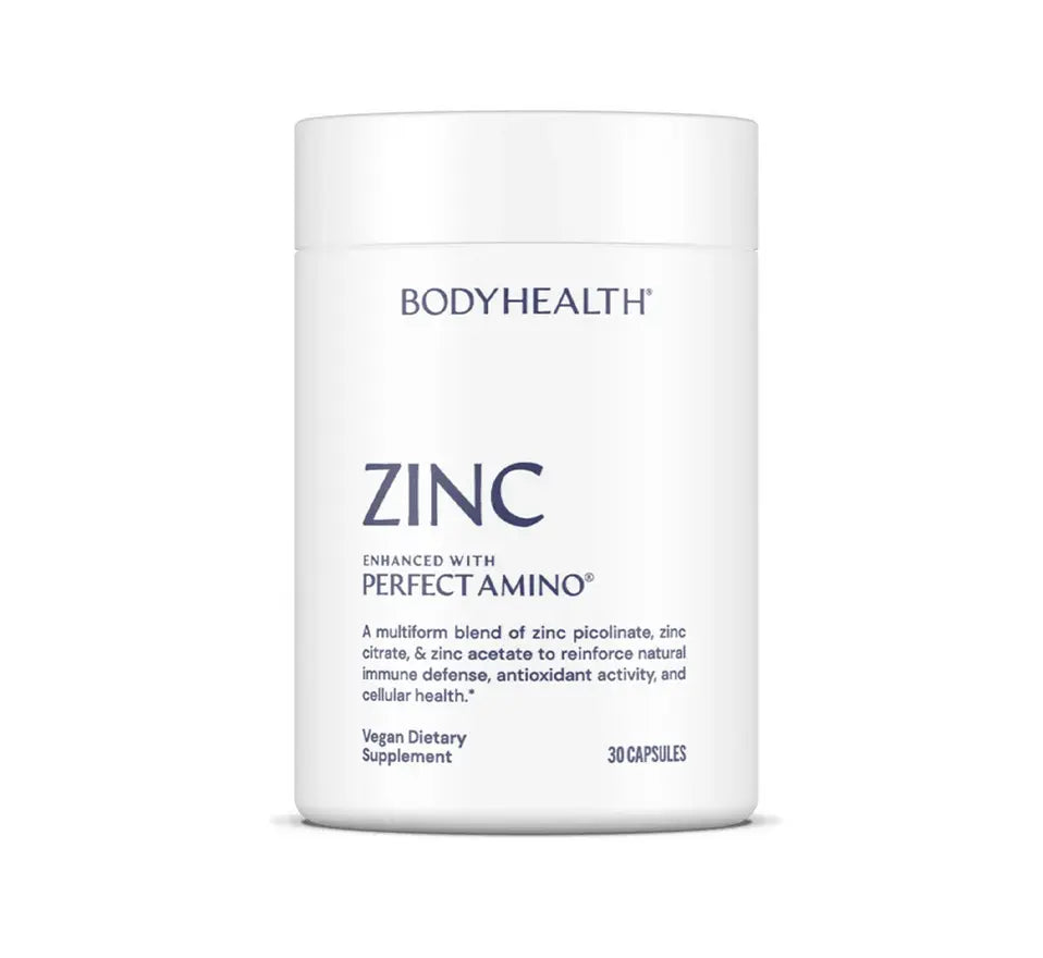 Zinc by Bodyhealth USA - Enhanced with PerfectAmino® in a white container, vegan dietary supplement.