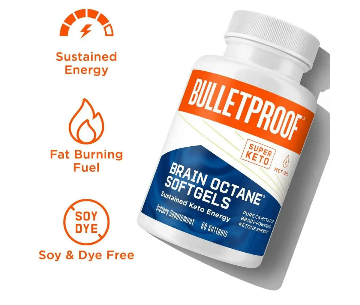 Brain Octane Softgels - Pure C8 MCT Oil bottle with benefits of sustained energy and fat burning fuel.