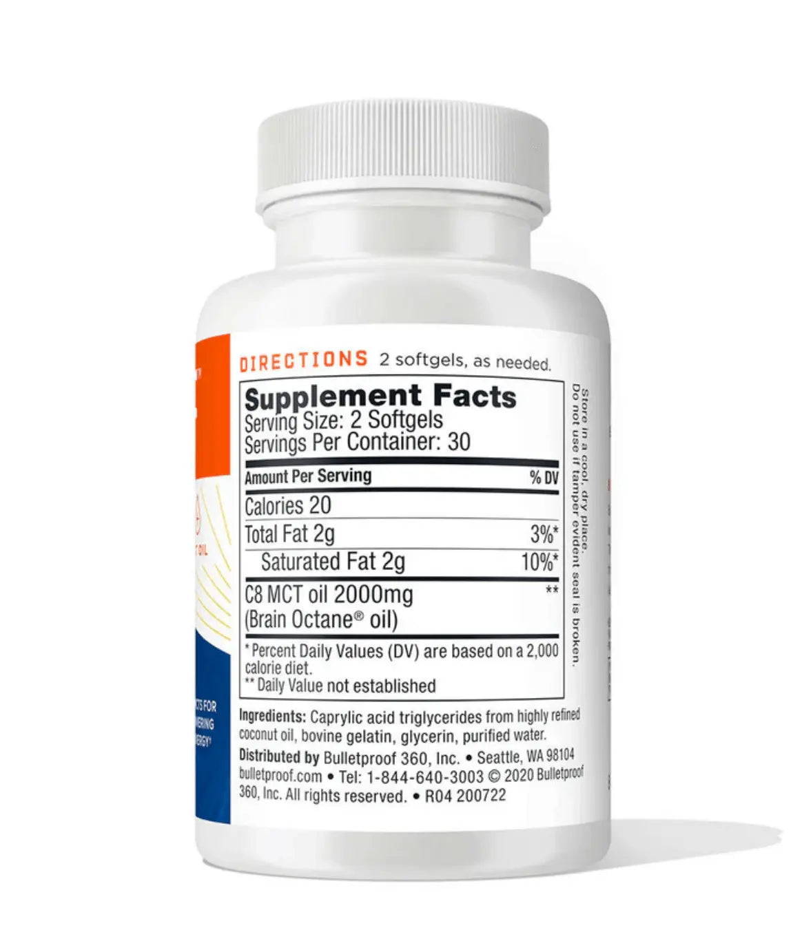 Brain Octane Softgels - Pure C8 MCT Oil supplement facts label showing serving size and ingredients.
