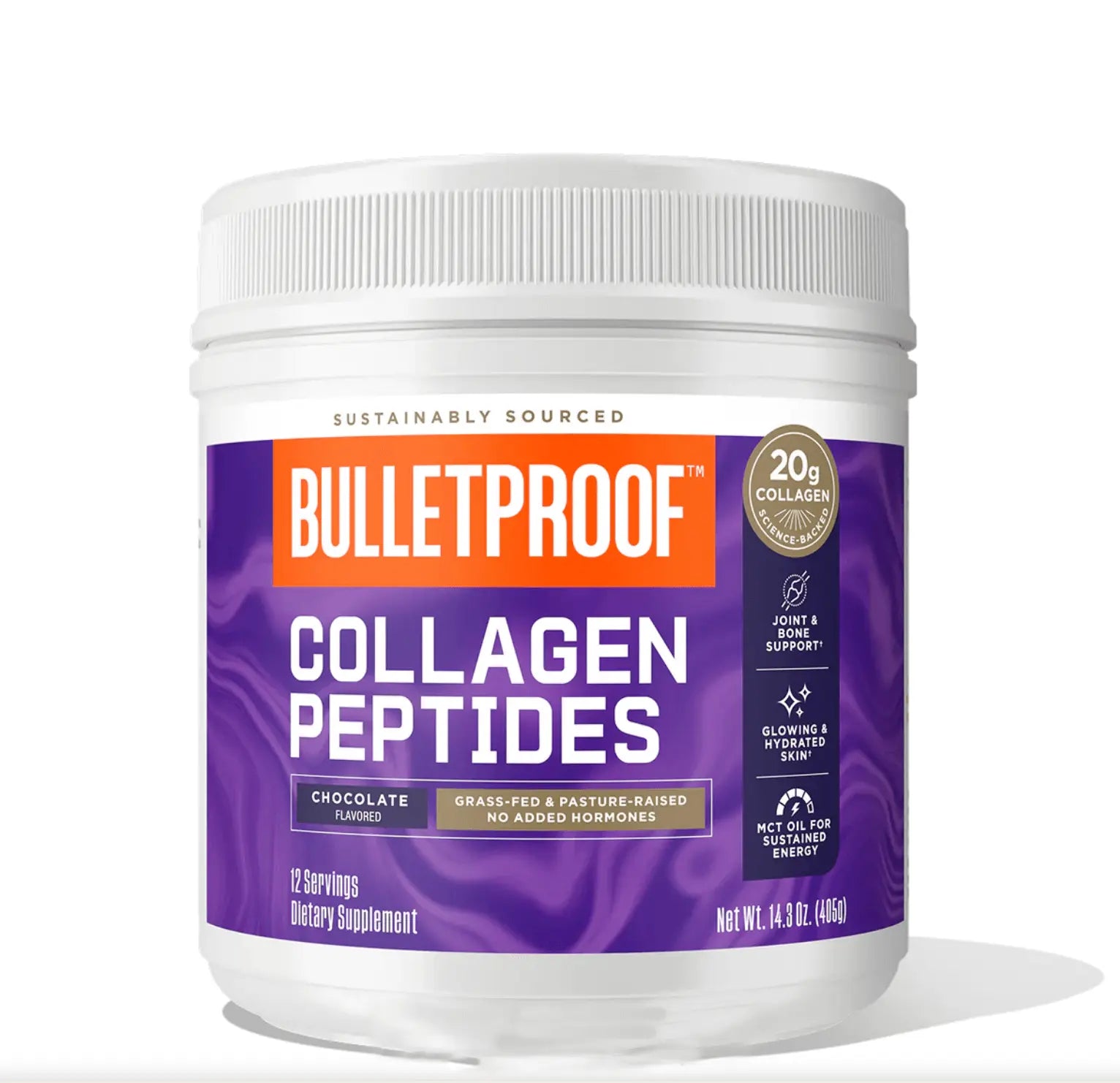 Collagen Peptides - Chocolate powder in a container with 20g collagen, promoting skin, hair, and joint support.