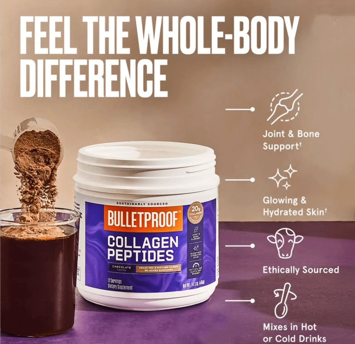 Collagen Peptides - Chocolate container with benefits of joint support, glowing skin, and mixability in drinks.
