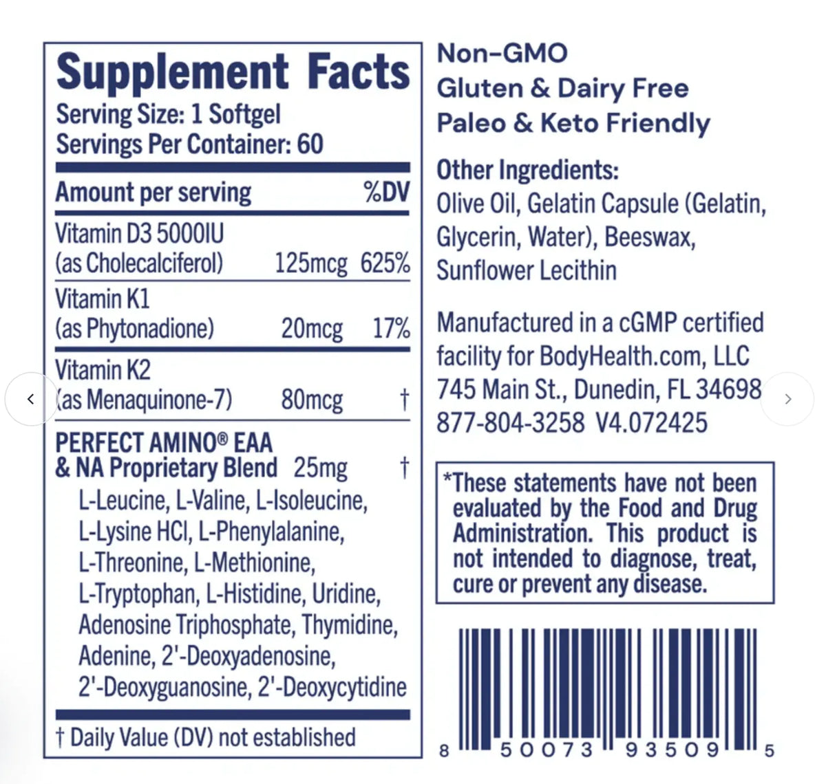D3 + MK7 supplement facts label including Vitamin D3, K1, and MK7 with PerfectAmino blend details.